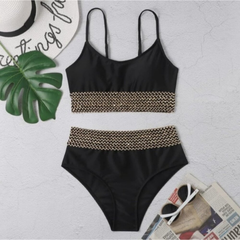 Black High-Waist Bikini Set with Gold Trim